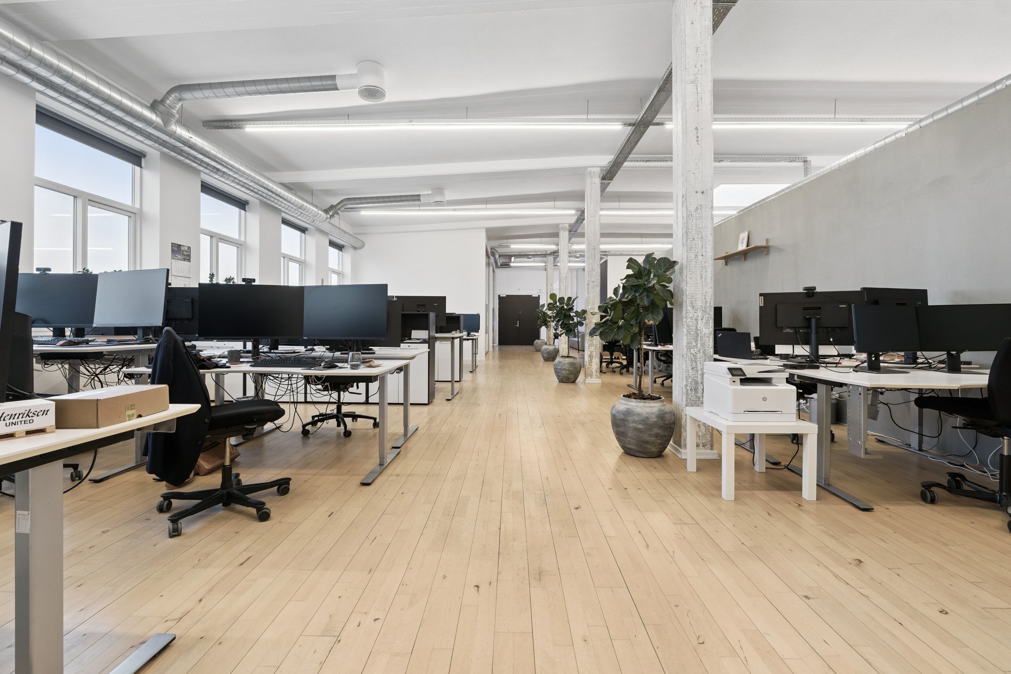 Lyst kontor med masser af vinduer og moderne udstyr som computere, stole og printer. Kontoret er smagfuldt indrettet med højloft og lysegulve. De to store lysegrå potteplanter giver et varmt og hyggeligt indtryk.