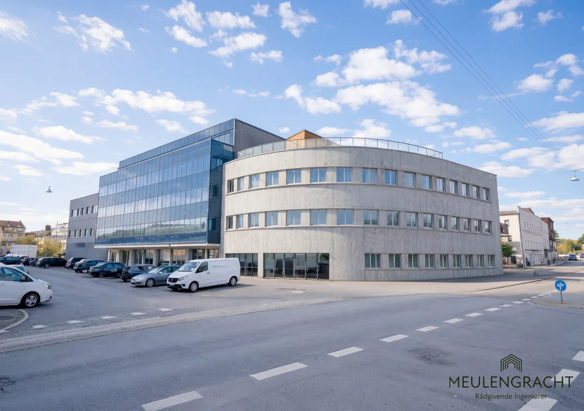 Moderne kontorlejemål med højt loft og glasvinduer på Laplandsgade 4A, 2. sal, 2300 København S. Parkerede biler og bygningens industrielle udstråling.