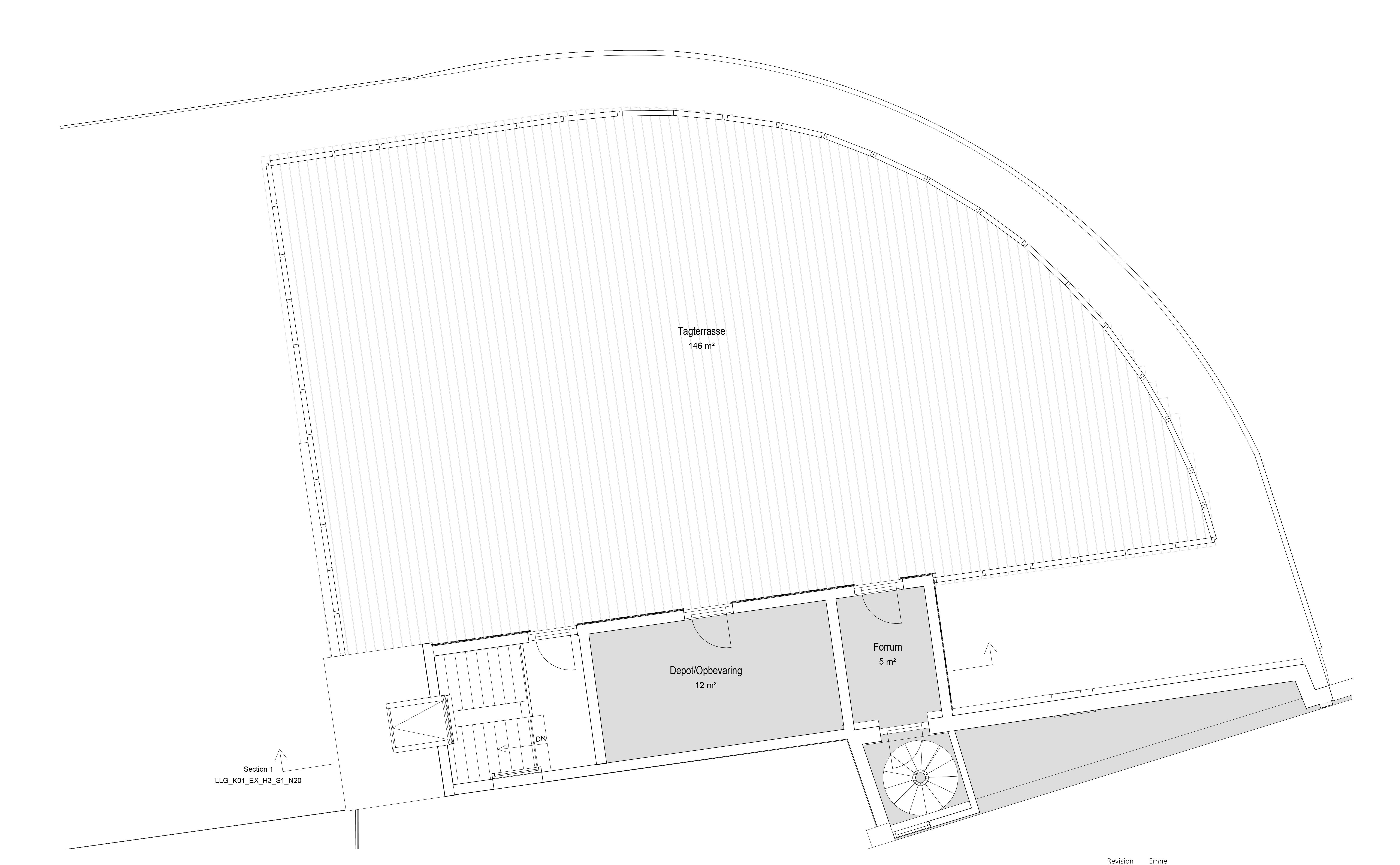Tegning af lejlighedsgrundplan med depot, opbevaring og forum. Det er et kontorlejemål på 146 kvm og 12 m loftshøjde.