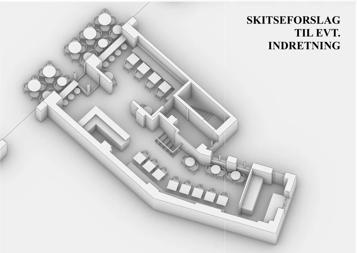 Skitse af restaurant med tabeller og stole samt trapper. Indeholder mulighed for evt. indretning. Værelser og møbler er i hvid farve. Tekst skriver skitseforslag til evt. indretning