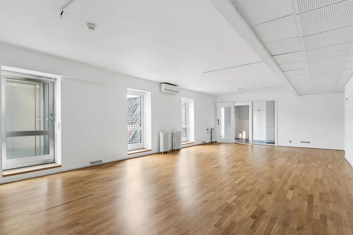 Rummelig lejlighed med lyse gulvbelægning, store vinduer og lysetak, klimaanlæg og radiatorer samt døre og vinduer med hvidt rammeværk