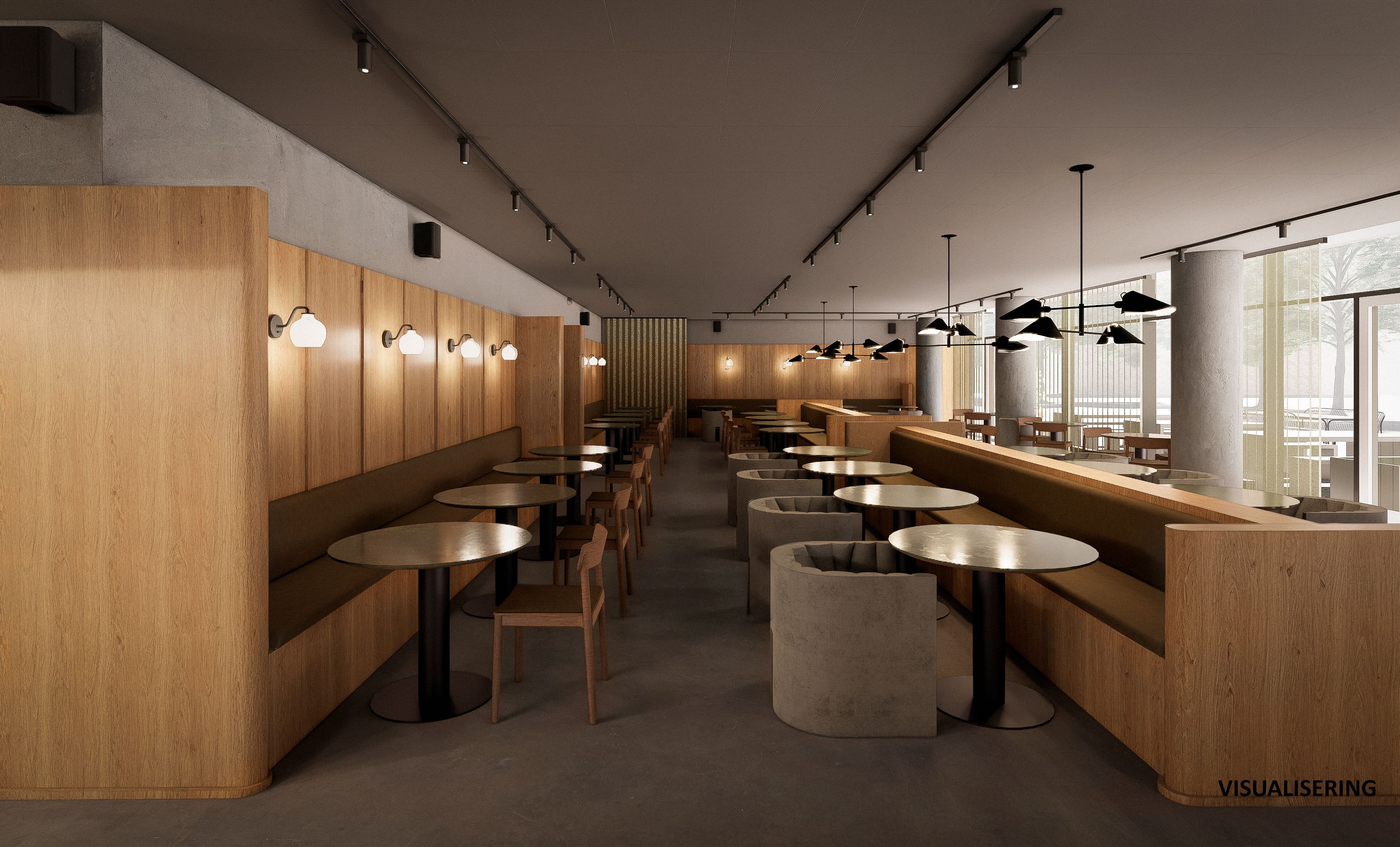 Moderne restaurant med lyse trævægge, højt loft, runde borde, ovale stolene, runde sofaer og lysekroner med pære.