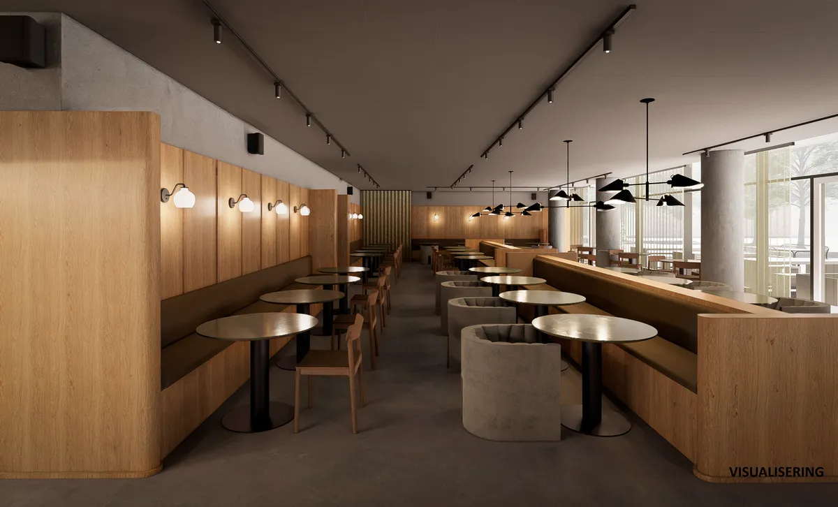 Moderne restaurant med lyse trævægge, højt loft, runde borde, ovale stolene, runde sofaer og lysekroner med pære.