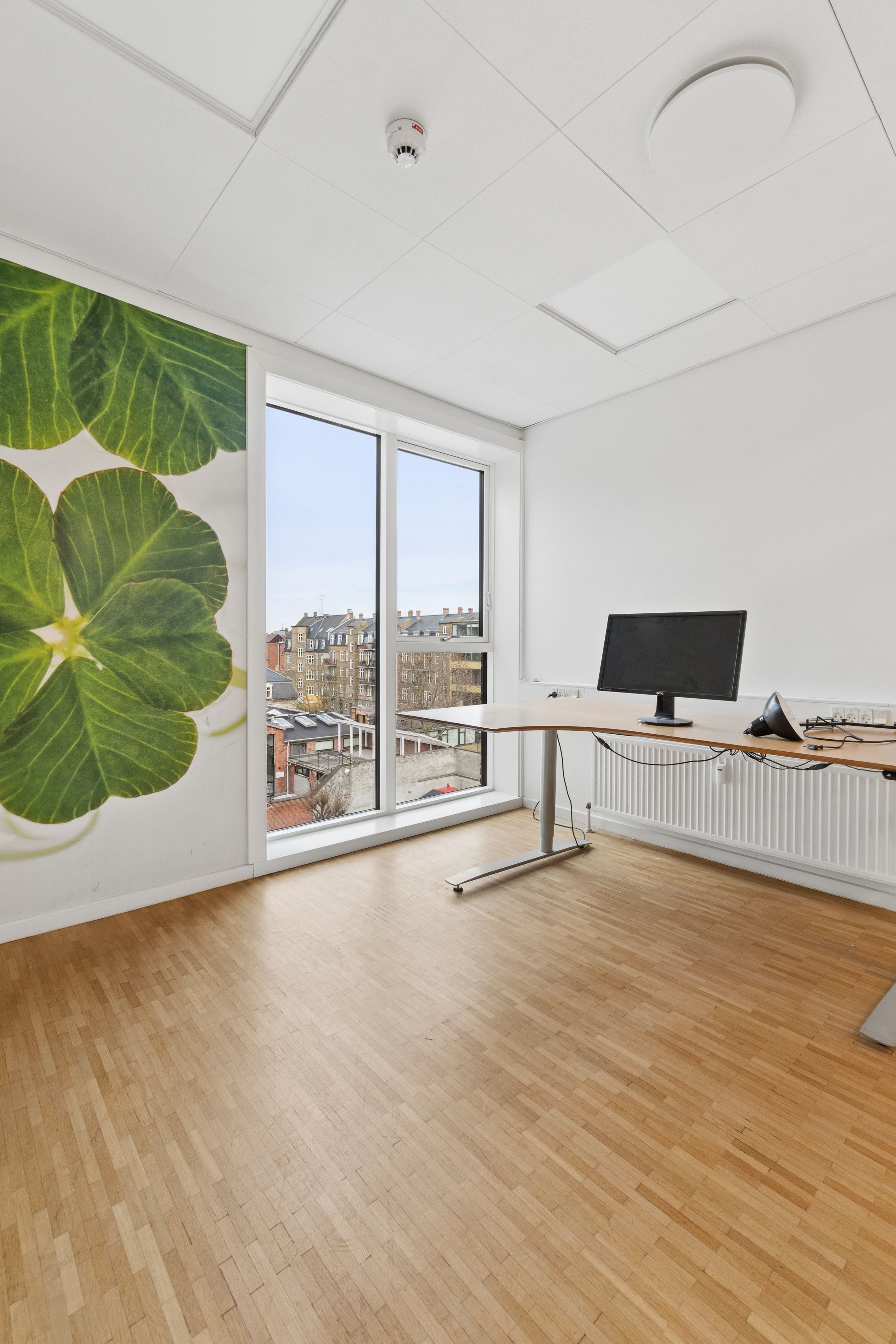Kontorrum med gulvbelægning og vinduer med udsigt til byen. Et bord med computer og en hvid væg med et grønt bladtema.