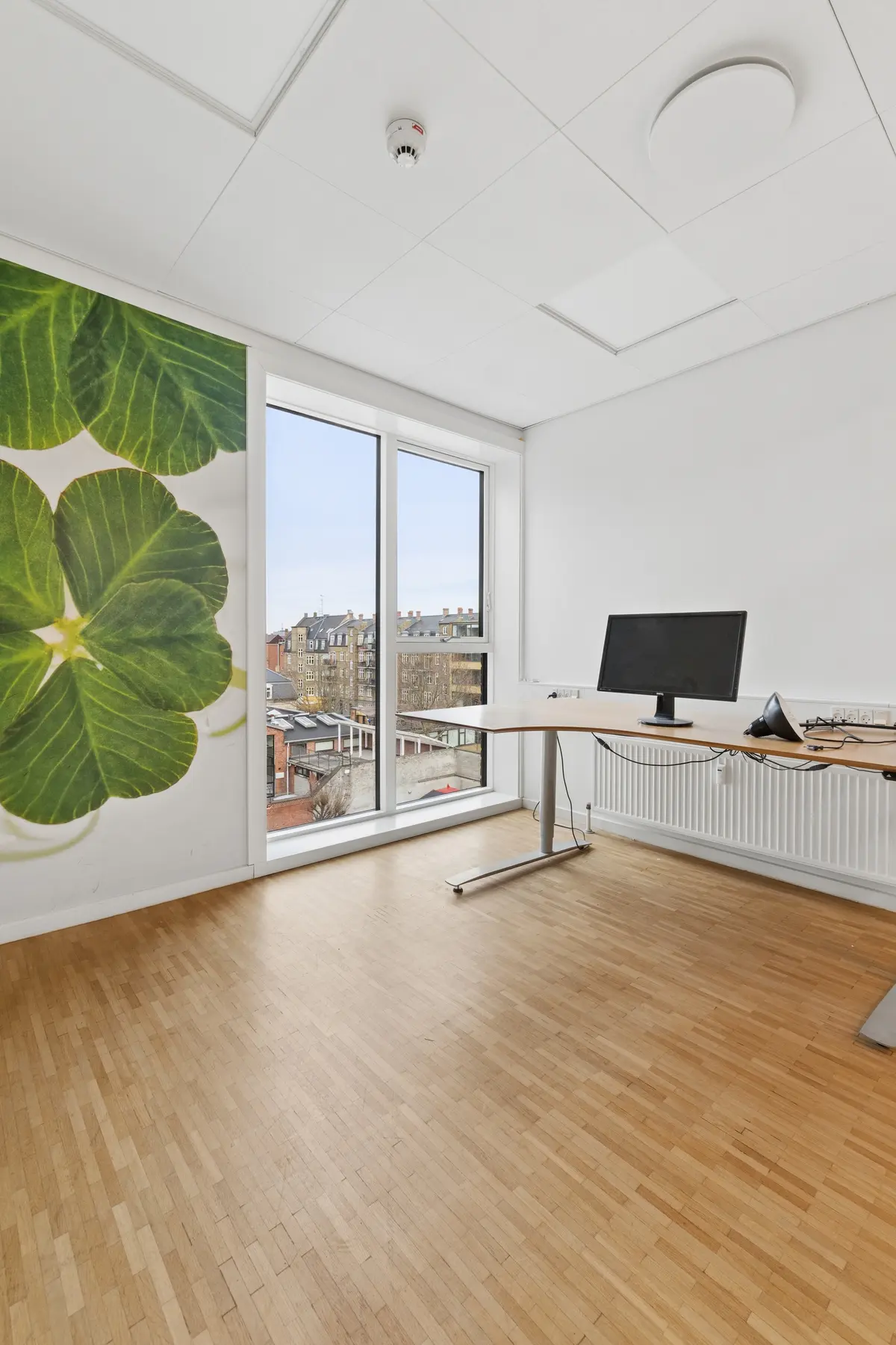 Kontorrum med gulvbelægning og vinduer med udsigt til byen. Et bord med computer og en hvid væg med et grønt bladtema.