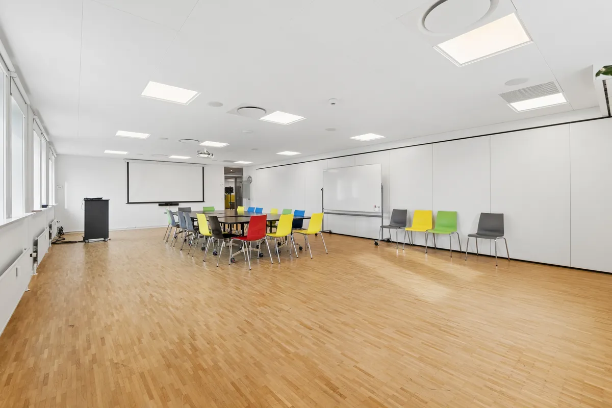 Indbydende konferencerum med lyse trægulve og farverige stole. Rundt hængende lys og hvide vægge skaber en åben og inspirerende atmosfære. Et moderne projektionssystem er placeret i rummet.
