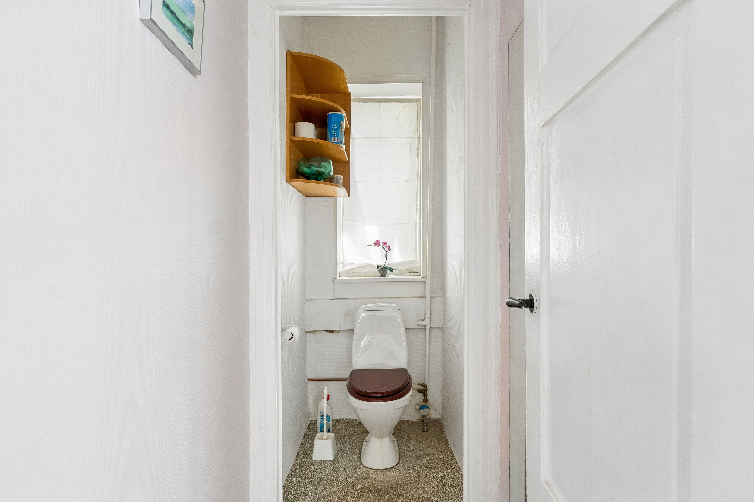 Et lille badeværelse med toilet og toiletpapir, der er ophængt på væggen og smykker på hylden, samt en plante i vinduet