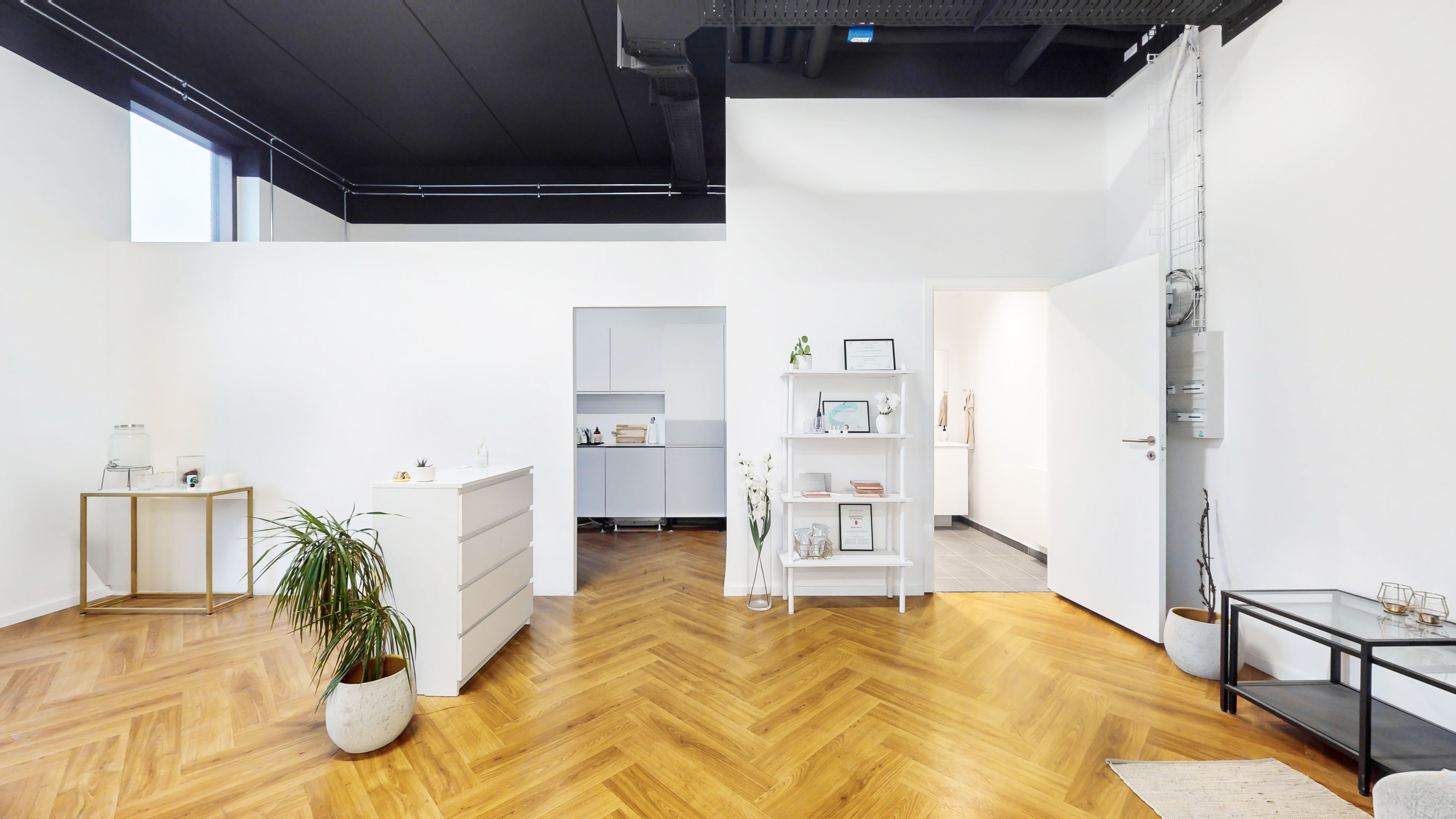 Et lille kontor med hvidt møbel og plante. Køkken med køleskab og højt højre skur. Hvid væg og gulv med vinduesåbningen. Forskellige hylder og objekter. Et enkelt gulvtæppe og et glasbord.