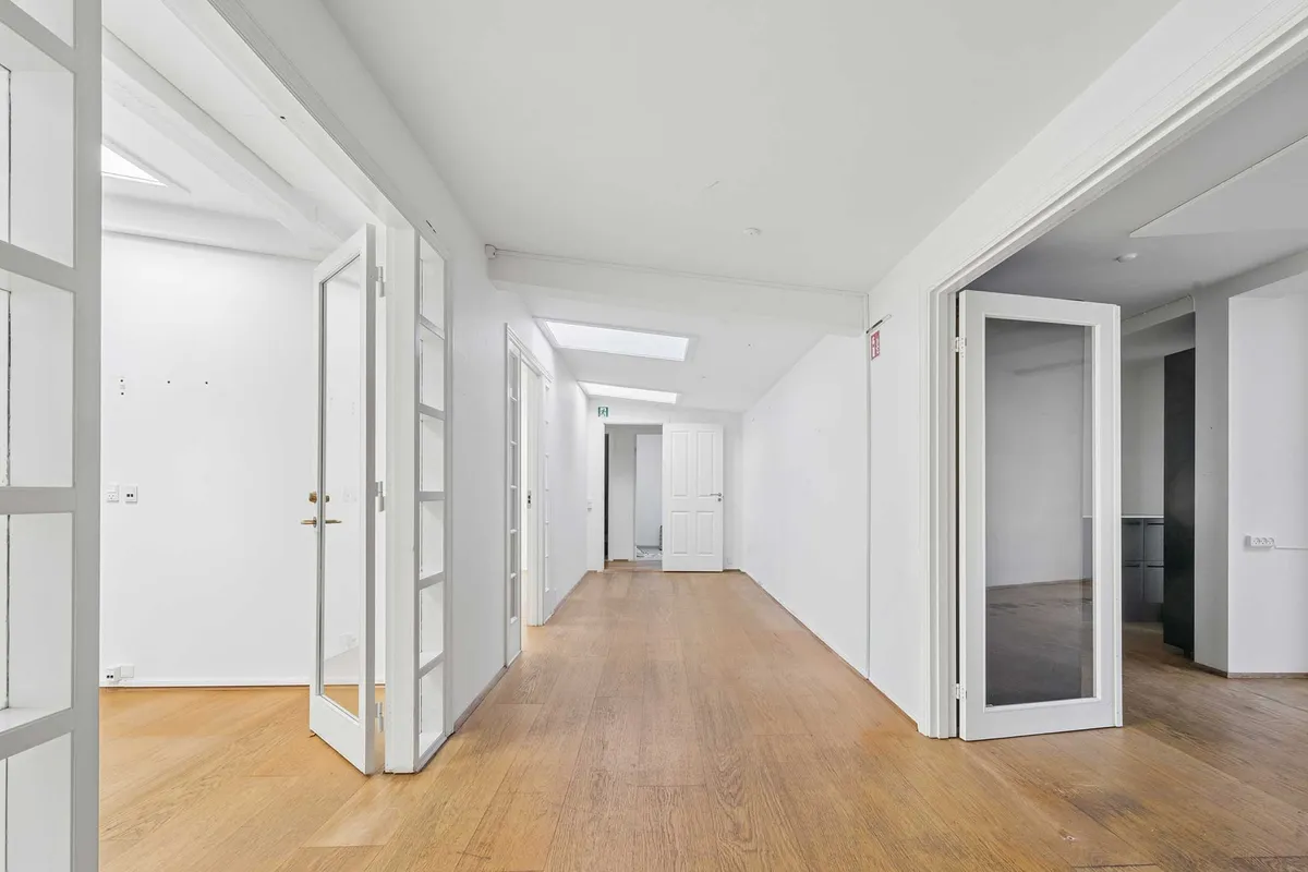 Kort og lys hallvej i et kontorlejemål med hvide vægge og lyse lofter. Trægulve og glasdøre til rummene. Minimalistisk og hyggeligt gårdmiljø.