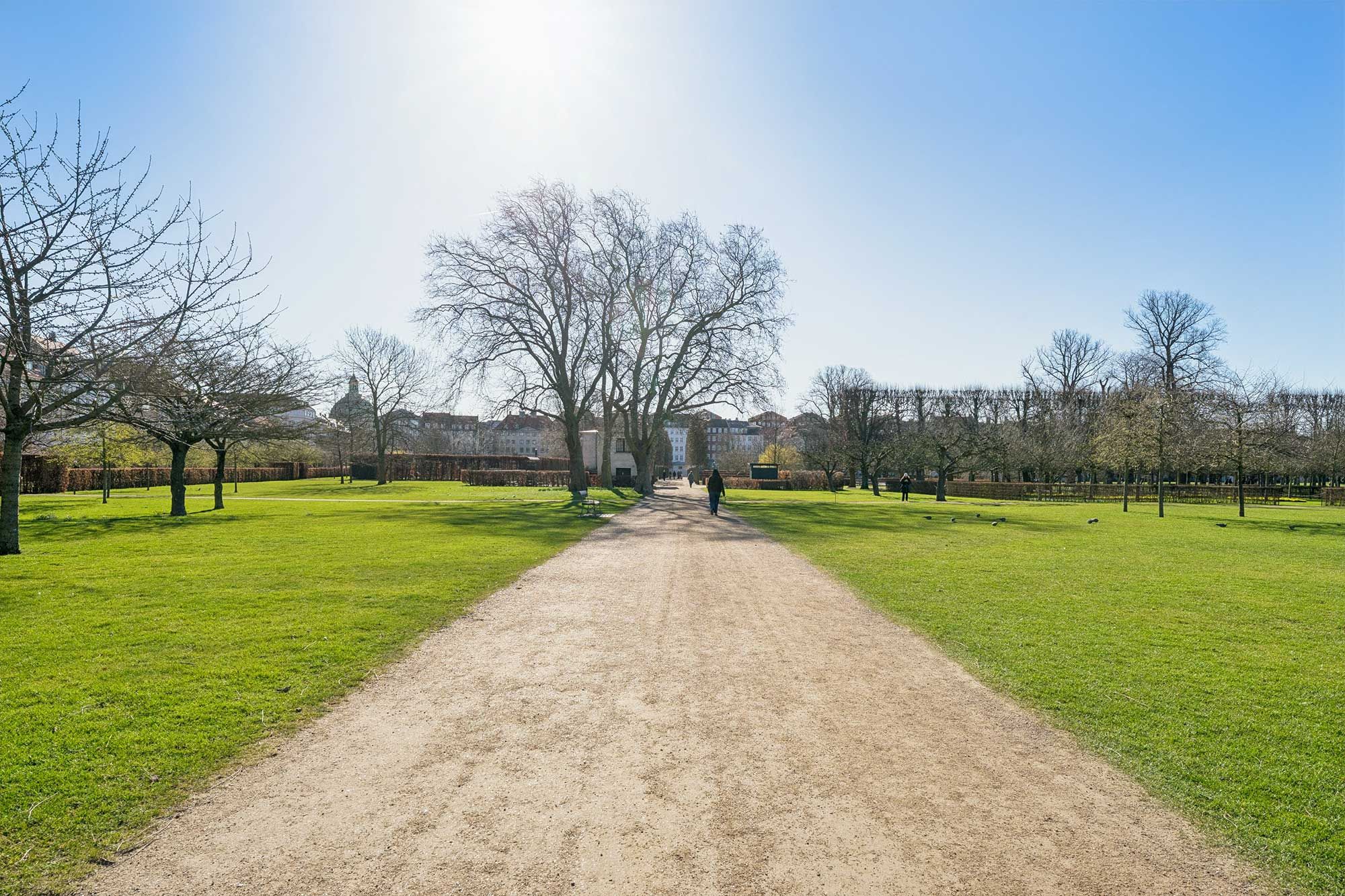 Grøn slette med stier og planter i solrigt vejr. Personer vandrer og en bygning i baggrunden. Træer med løv og græs samt spor af menneskelig aktivitet.