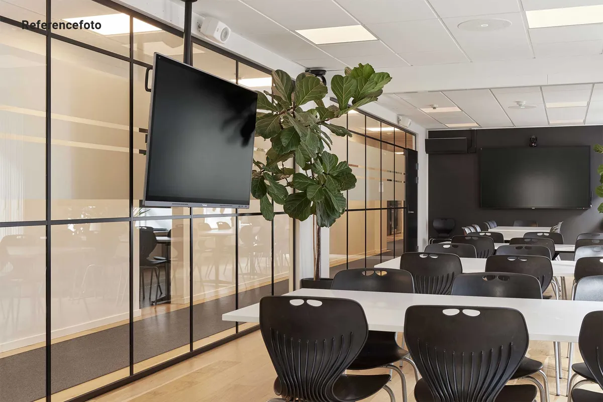 Kontor med flere bord- og stolsæt samt plante og to hænge-tv. Store glasruder med mørke rammer og møbler med skarpe linjer.