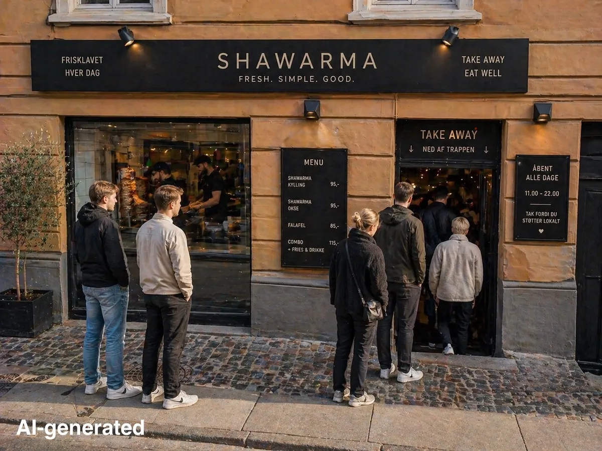 Take-away med udsigt til Nordre Frihavnsgade 55 i København Ø. Kunderne venter på at få takeawaymad. Lokalet er velbeliggende og har etableret industriudsugning.