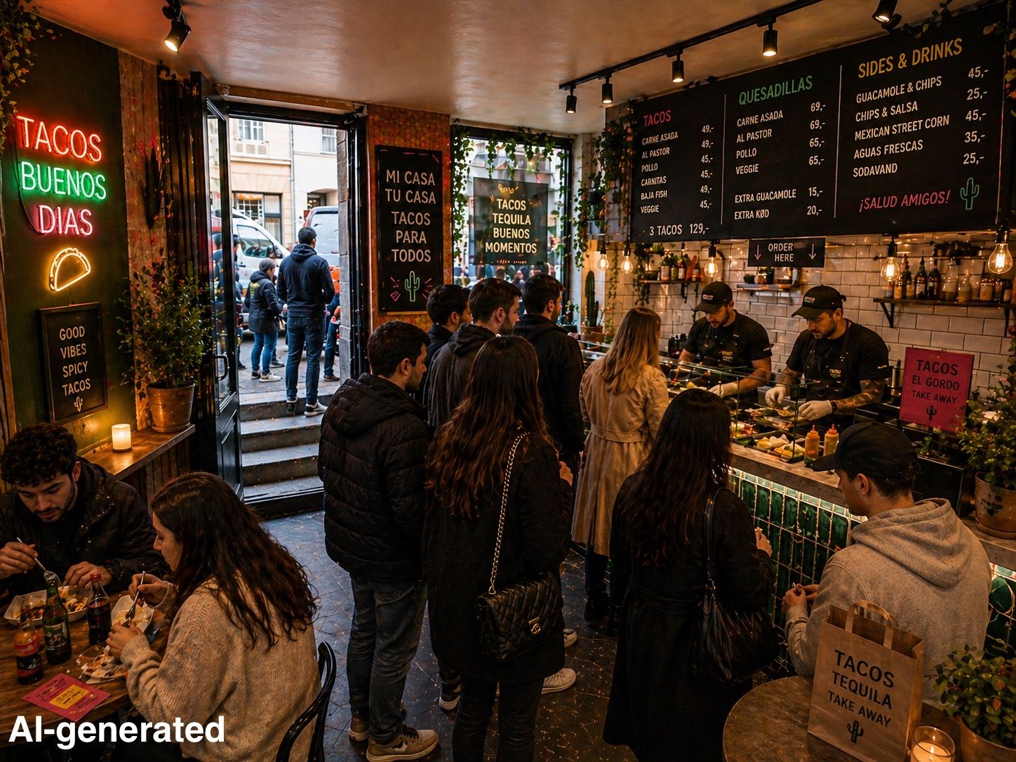 Take-away med køkken, spisestedet med salg af tacos og taco-sides. Folk sidder og spiser tacos, og to køkkenfolk serverer. Butik med neon-lys og taco-tema.