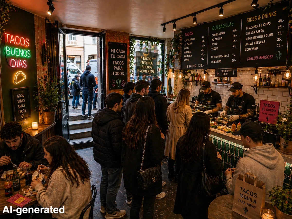 Take-away med køkken, spisestedet med salg af tacos og taco-sides. Folk sidder og spiser tacos, og to køkkenfolk serverer. Butik med neon-lys og taco-tema.