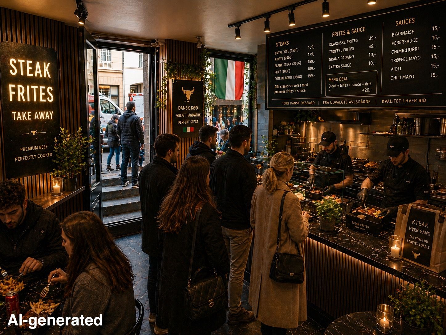 En gruppe gæster står og venter på et stekerestaurant i København, med menukort og udvalgte retter som steak frites og klassiske frites