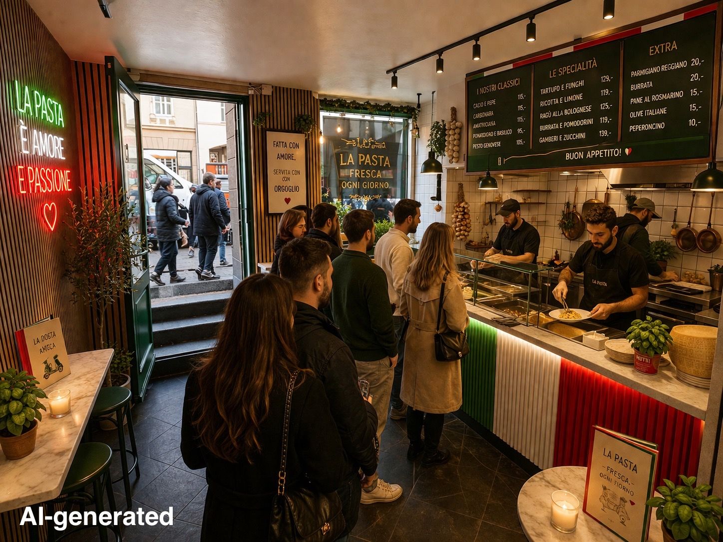 Take-away lokal med øget trafik og industriudsugning, hvor kunder bestiller og hentet mad i København
