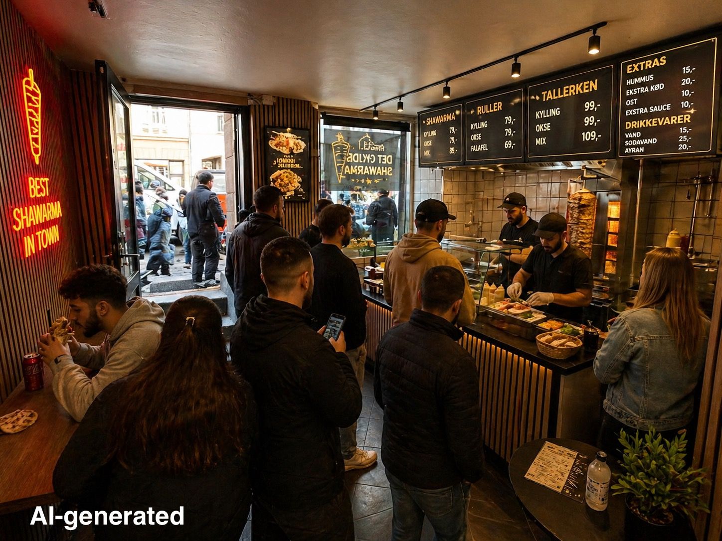 Takeaway med menukort og flere kunder i kø. Take-away med skrift på væggen, der siger best shawarma in town. København, hovedstaden i Danmark