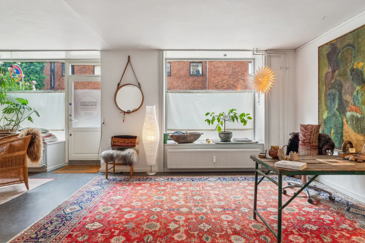 Et lyse, pænt indrettet rum med møbler og en stor gulvtæppe samt en stol og en plante i vinduet