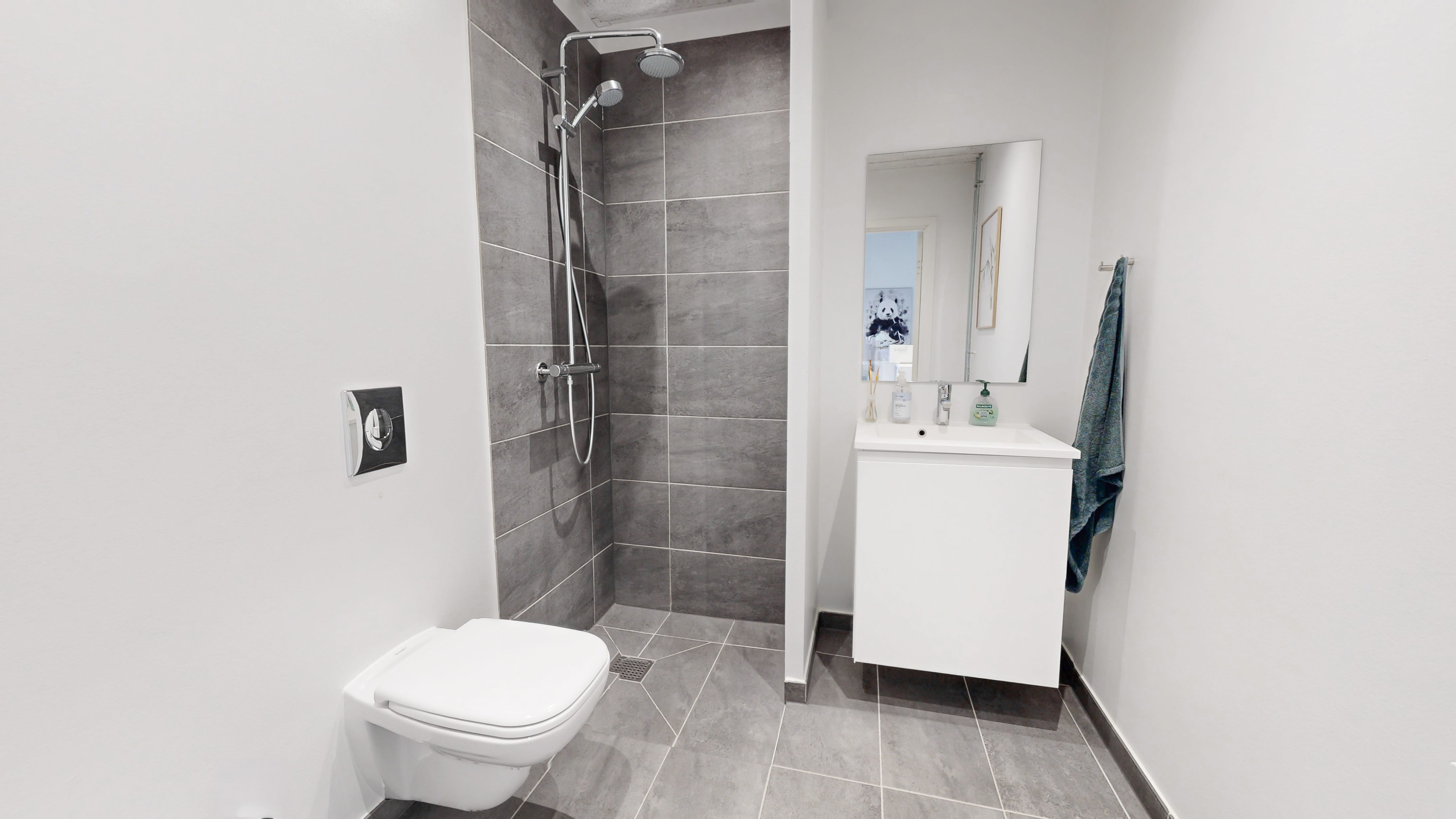 En moderne badeværelse med en hvid toilet, en hvid væskeskål og en håndklædetørrer. Et moderne bruserhøjtale med en hånddusch og et spejl i hvidt.