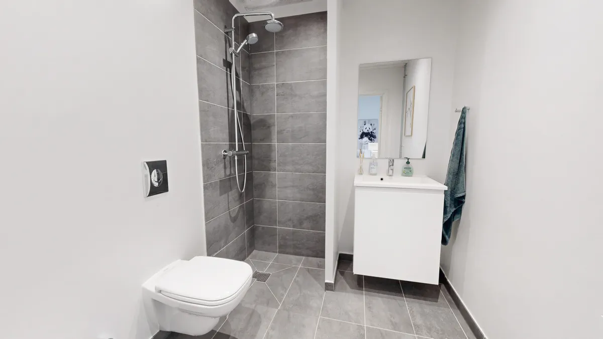 En moderne badeværelse med en hvid toilet, en hvid væskeskål og en håndklædetørrer. Et moderne bruserhøjtale med en hånddusch og et spejl i hvidt.