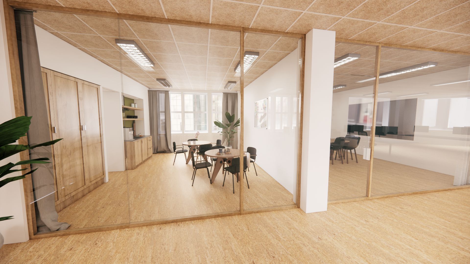 Kontor med åbent mødelokale og moderne design. Lyserød gulv og glasvægge. To borde og stole. En plante og smykkeskuffer.