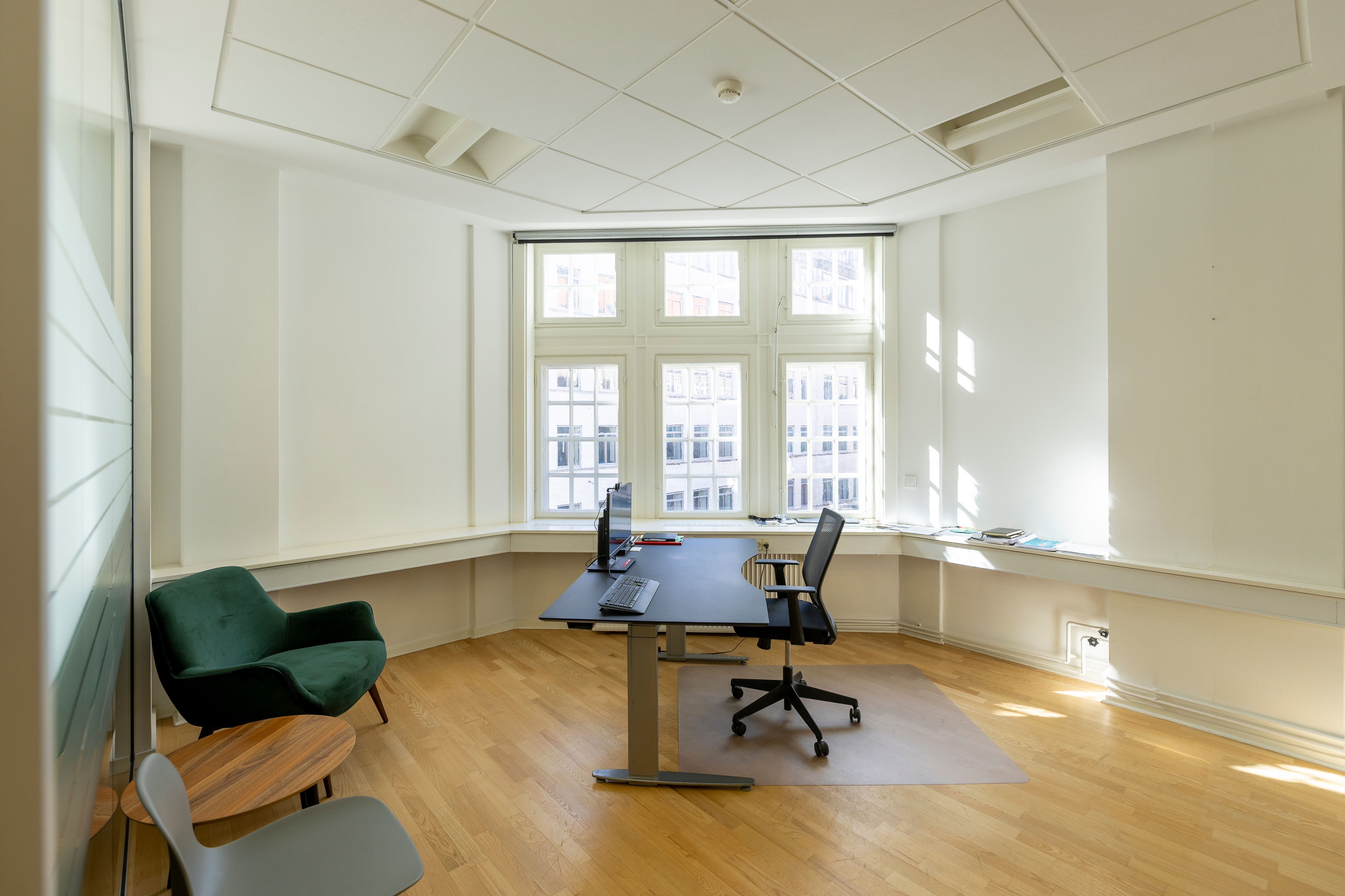 Nydable kontor med computer, skrivebord, stol, tebord, stol og udsigter til Kongens Have i København, med moderne og luksuriøst design