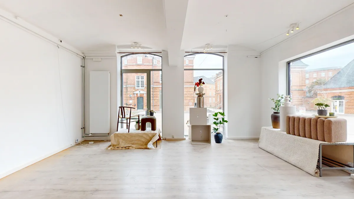 Minimalistisk rum med hvide vægge, loft og gulv, møbler, to træstole og to gulve med tæpper, samt lyse trægulve og plantepotter med blomster og grønne planter