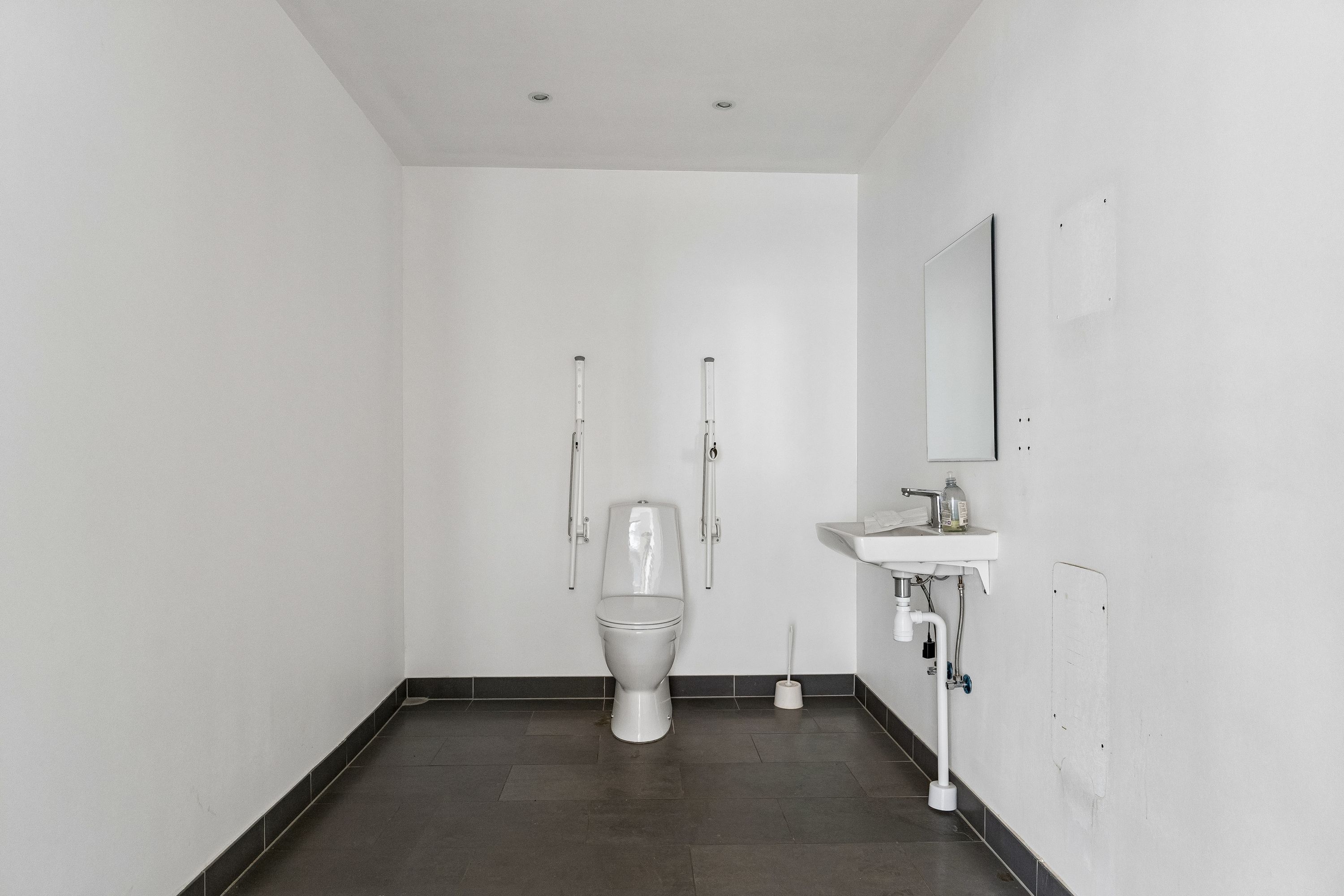 Toilettet i hjørnet med toiletbørste og håndtag og spejl med håndvaskeskål og håndsæbe.