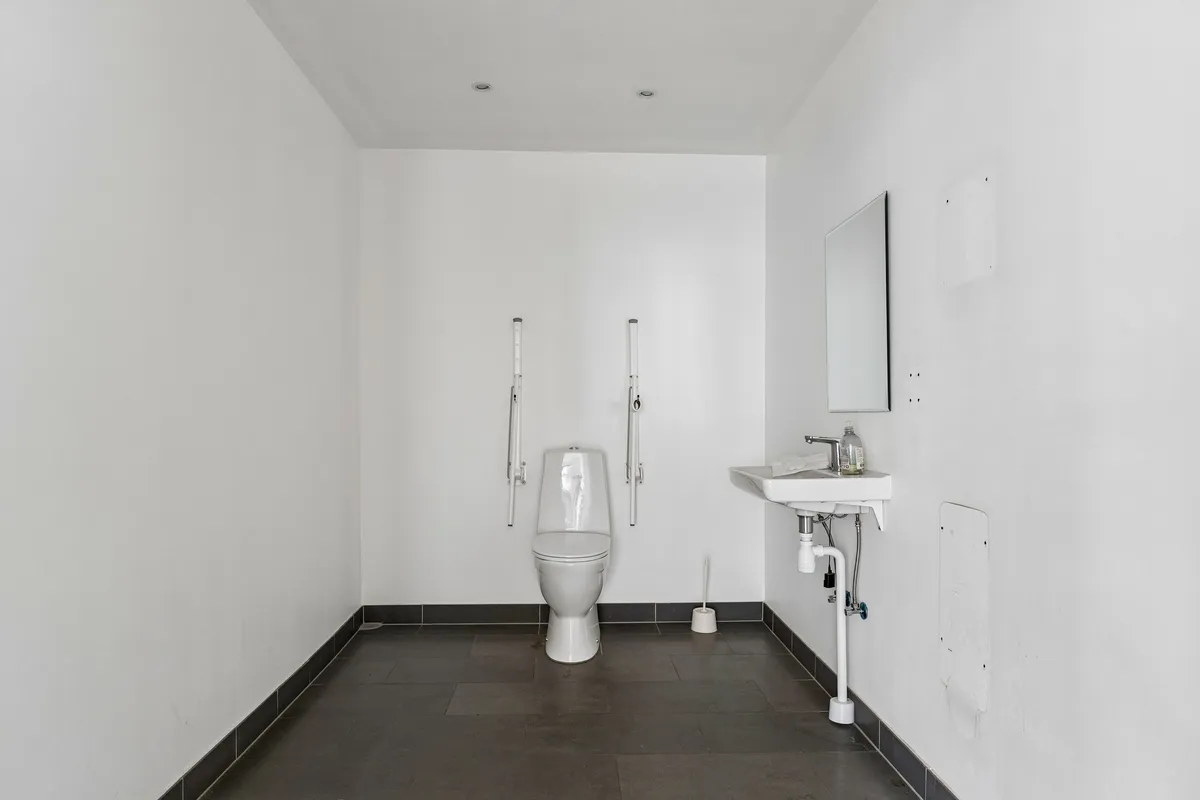 Toilettet i hjørnet med toiletbørste og håndtag og spejl med håndvaskeskål og håndsæbe.