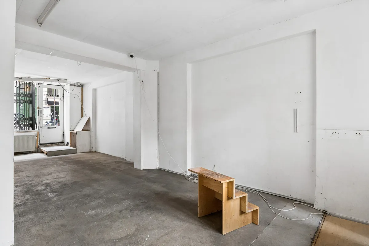 Minimalistisk rum med hvide vægge og gulv samt trætrapper og dør. Kamera og stik og rør. Rummelig gårdhave med gitter.