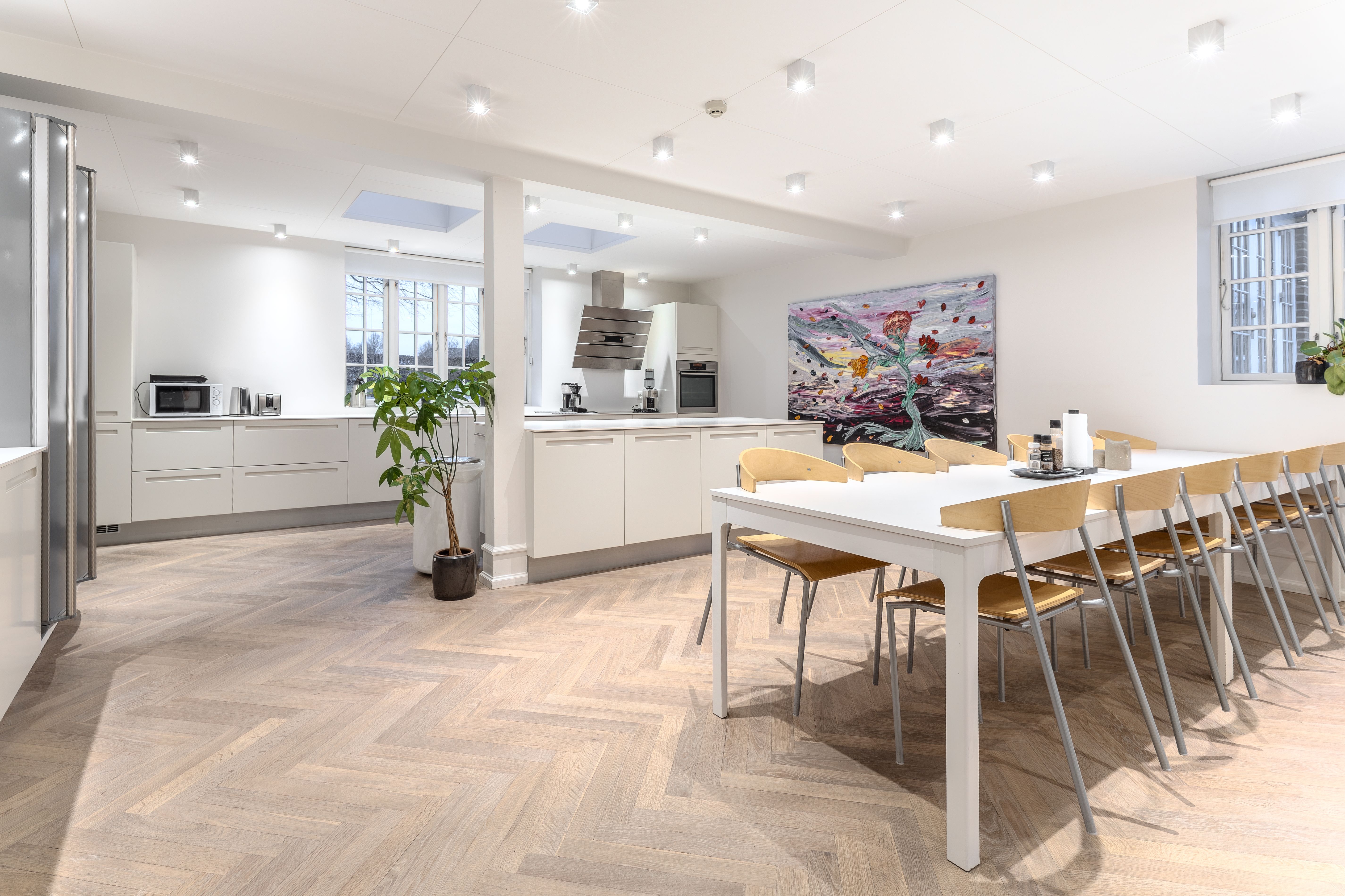 Her er et foto af et luksuriøst køkken med hvide vægge, et stort maleri og lyse loftslamper. Der er en terrasse med en plante og et moderne køkken med hvide møbler