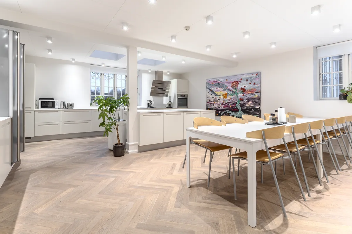 Her er et foto af et luksuriøst køkken med hvide vægge, et stort maleri og lyse loftslamper. Der er en terrasse med en plante og et moderne køkken med hvide møbler