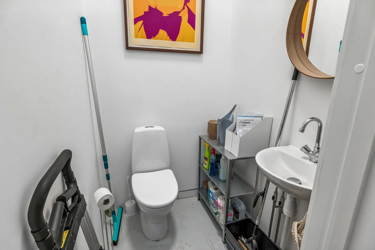 To toiletter og et badeværelse med en børste og rengøringsmidler samt en skovl og et toiletpapir