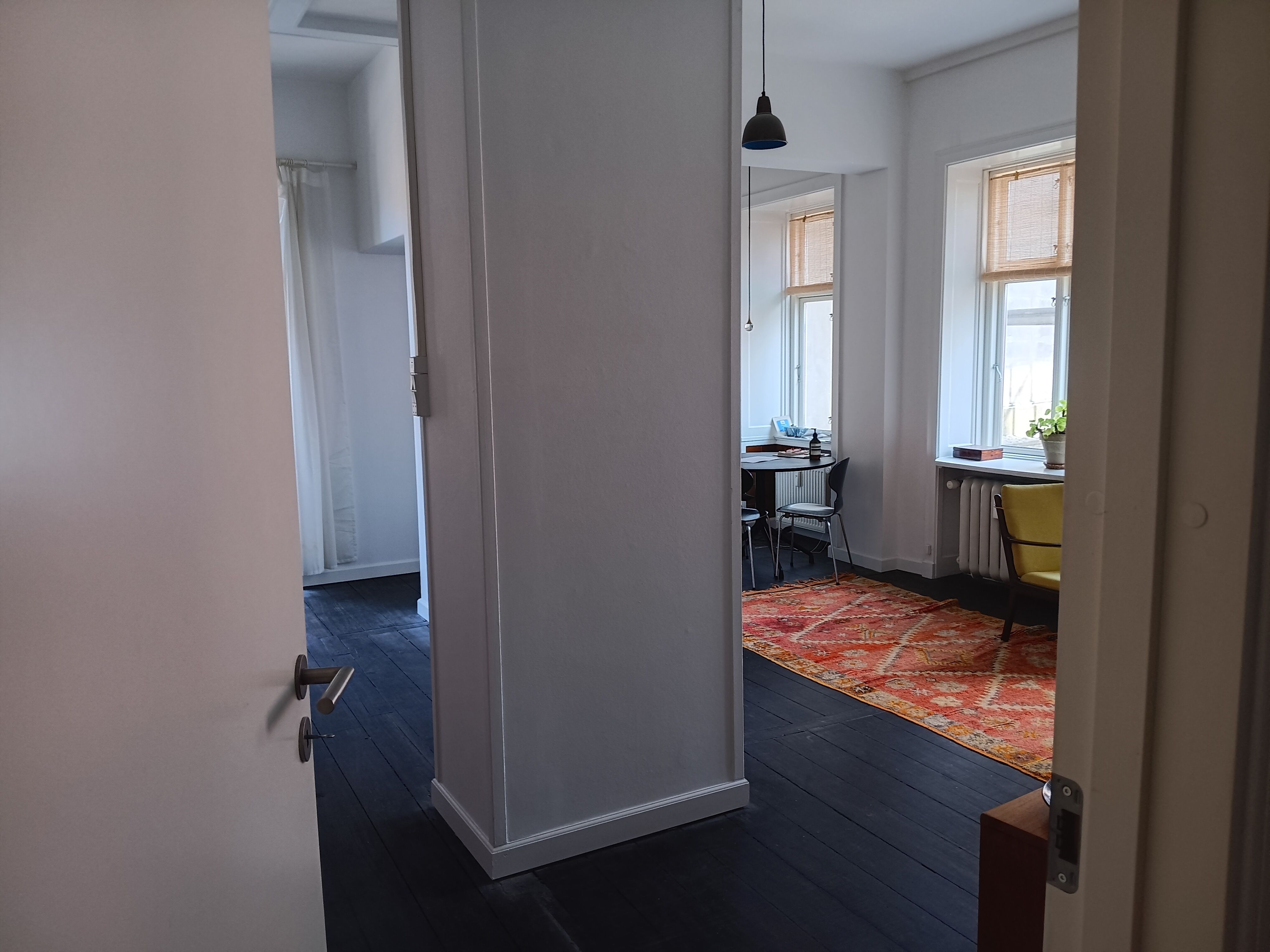 Inde i et lyst, rent og velholdt lokale med moderne møbler, et gulvtæppe, en plante og en radiator.
