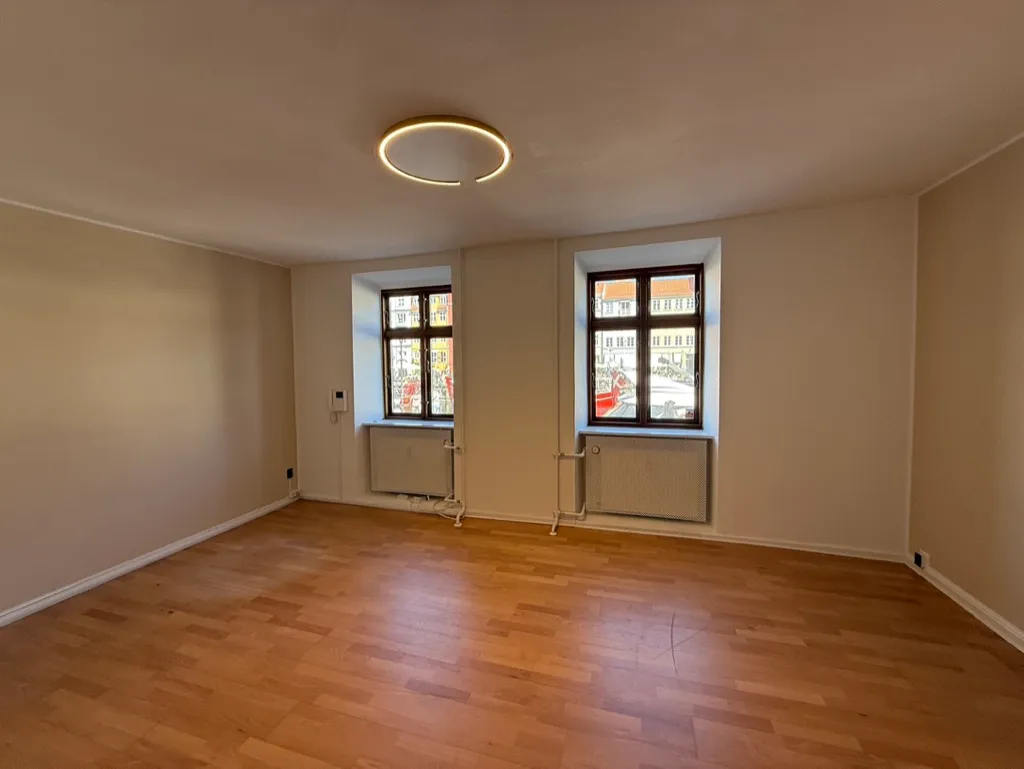 Kontor til leje med 115 m2 og flot udsyn til Nyhavn i København. To vinduer og to radiatorer. Trægulv og rundt lys på loftet.