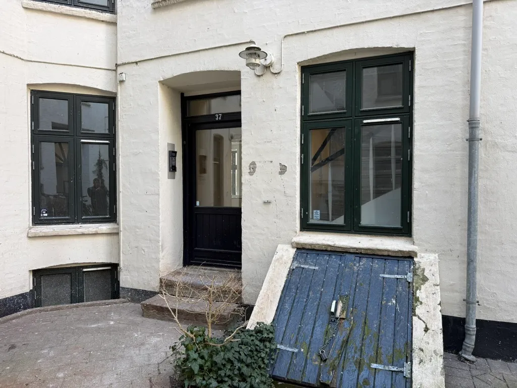 Kontor på Nørre Farimagsgade 37 med sort dør og træstiger, to grønne vinduerne med nummer 37 og lysekroner, gulv uden sne og grønne planter