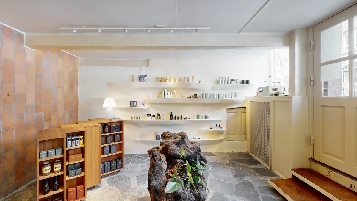 Inde i et hvidmalet rum er der en stor sten med grønne planter og en lampe