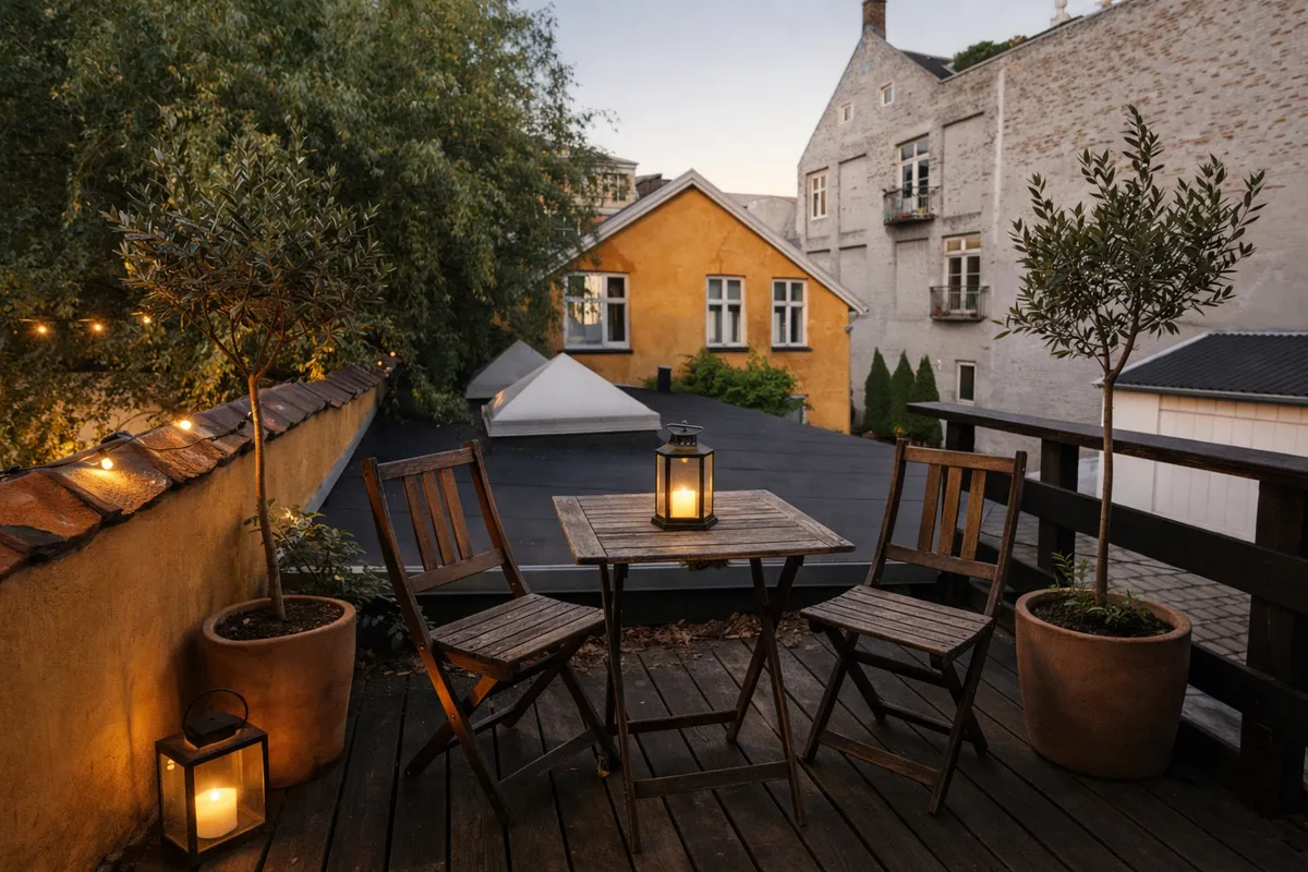 Baggård med træbord og stole samt olivenplanter og lanterner på en terrasse i Frederiksberg C. Lys fra lanternerne skinner og kaster skygger. Bagved er en gul bygning med vinduer og en balkon.
