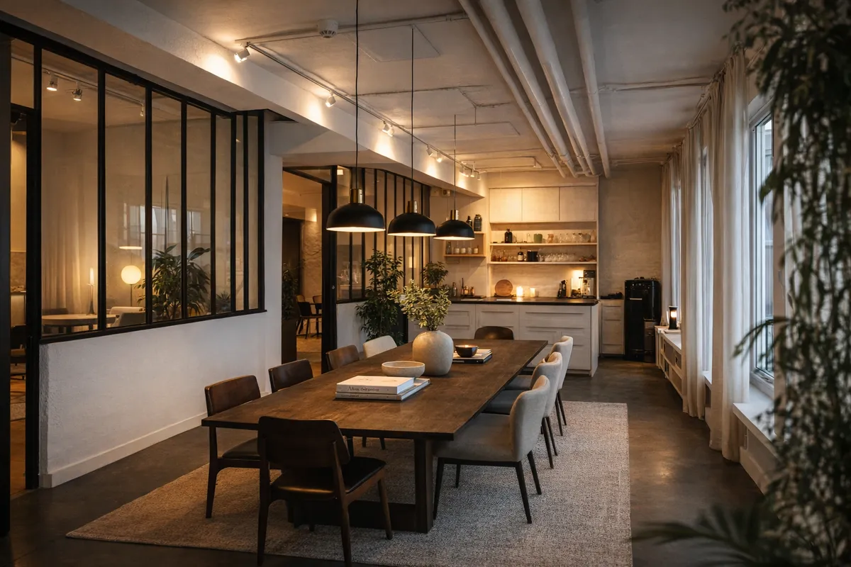 Kontor med store vinduer og lyse loftslamper, fuld af moderne møbler og planteindretning. Bord med bøger og vase, køkken med høje hylder og lyse loftslamper