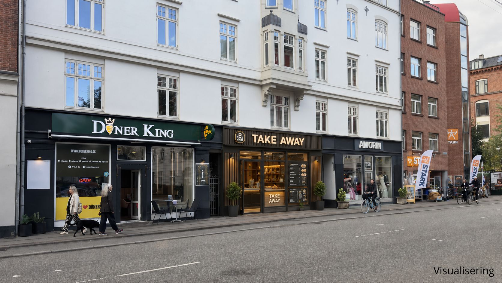et café- og take away-koncept i en bygning med tre butikker. Den første butik er for Doner King og den anden er for Take Away. Den tredje butik hedder Amorin. Folk går på fortovet og en cyklist cykler langs gaden.