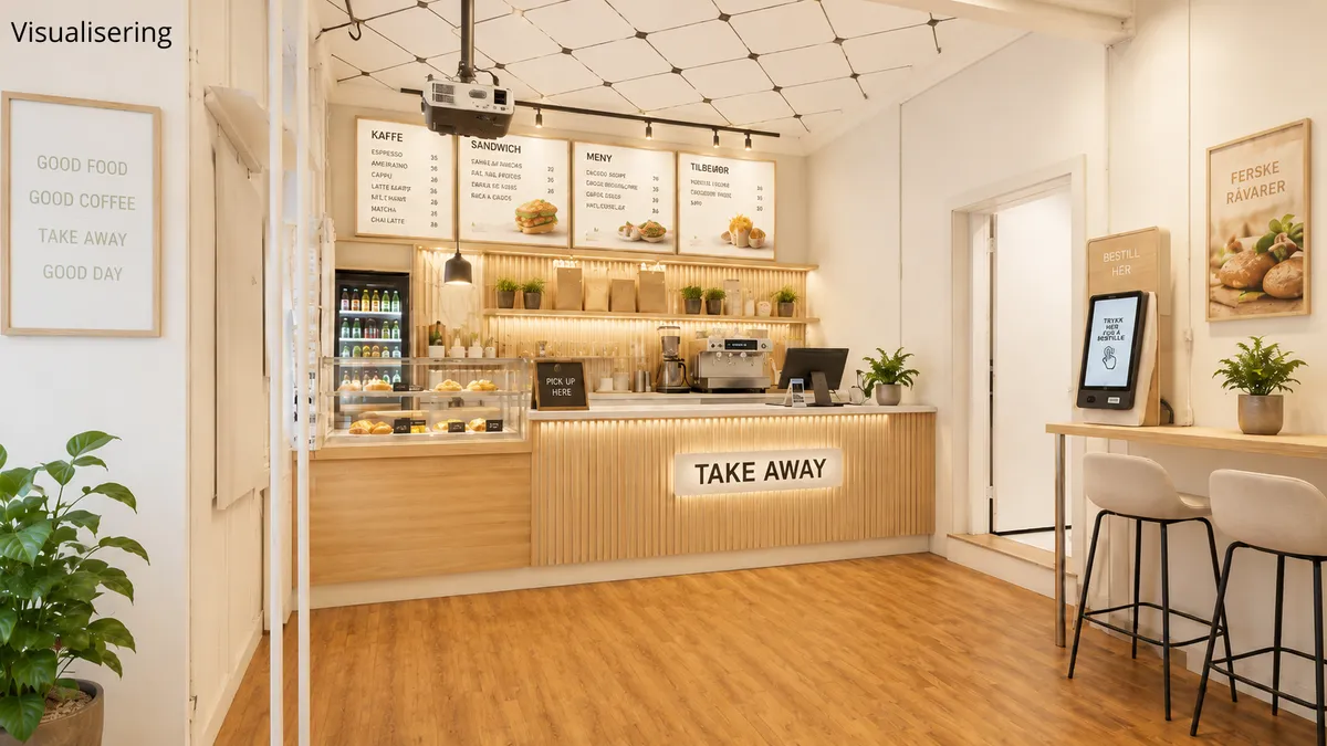 Take away koncept med køkken og salgsdisk samt udsigt til udstyret. Planter og tekster på væggen. To høje stole og en touch screen.