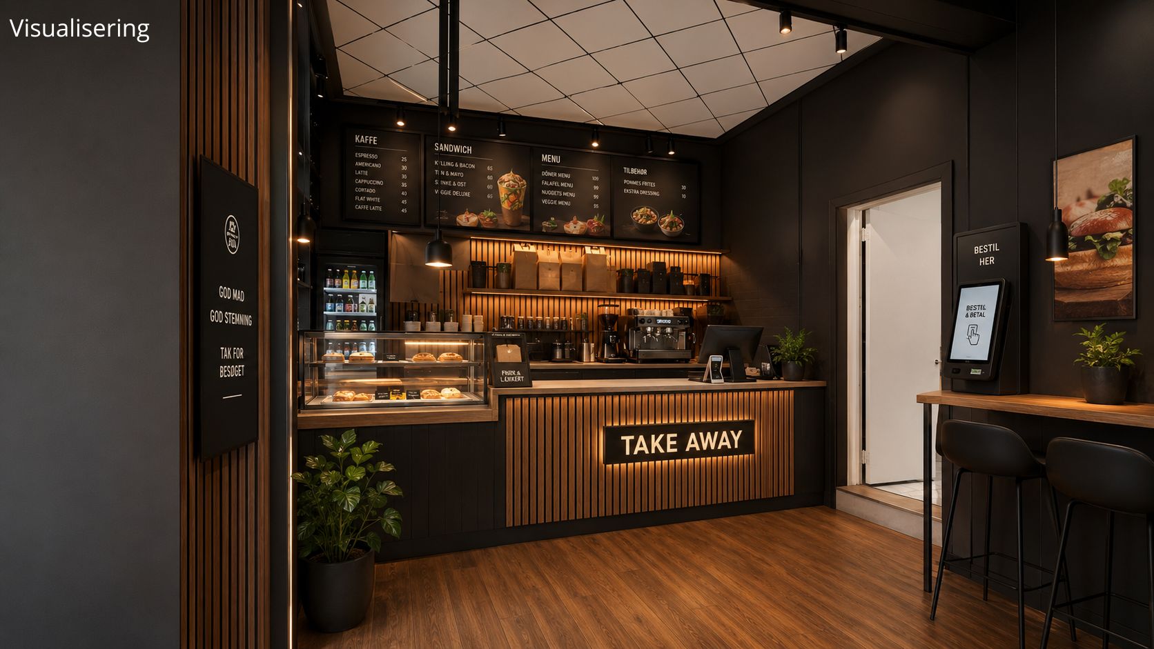 Take away koncept med skrift på facaden, der siger "Take Away". Der er en menu med skrift og billeder. Der er et køleskab med drikkevarer. Der er en computer og en kaffemaskine. Der er en stol og et bord.