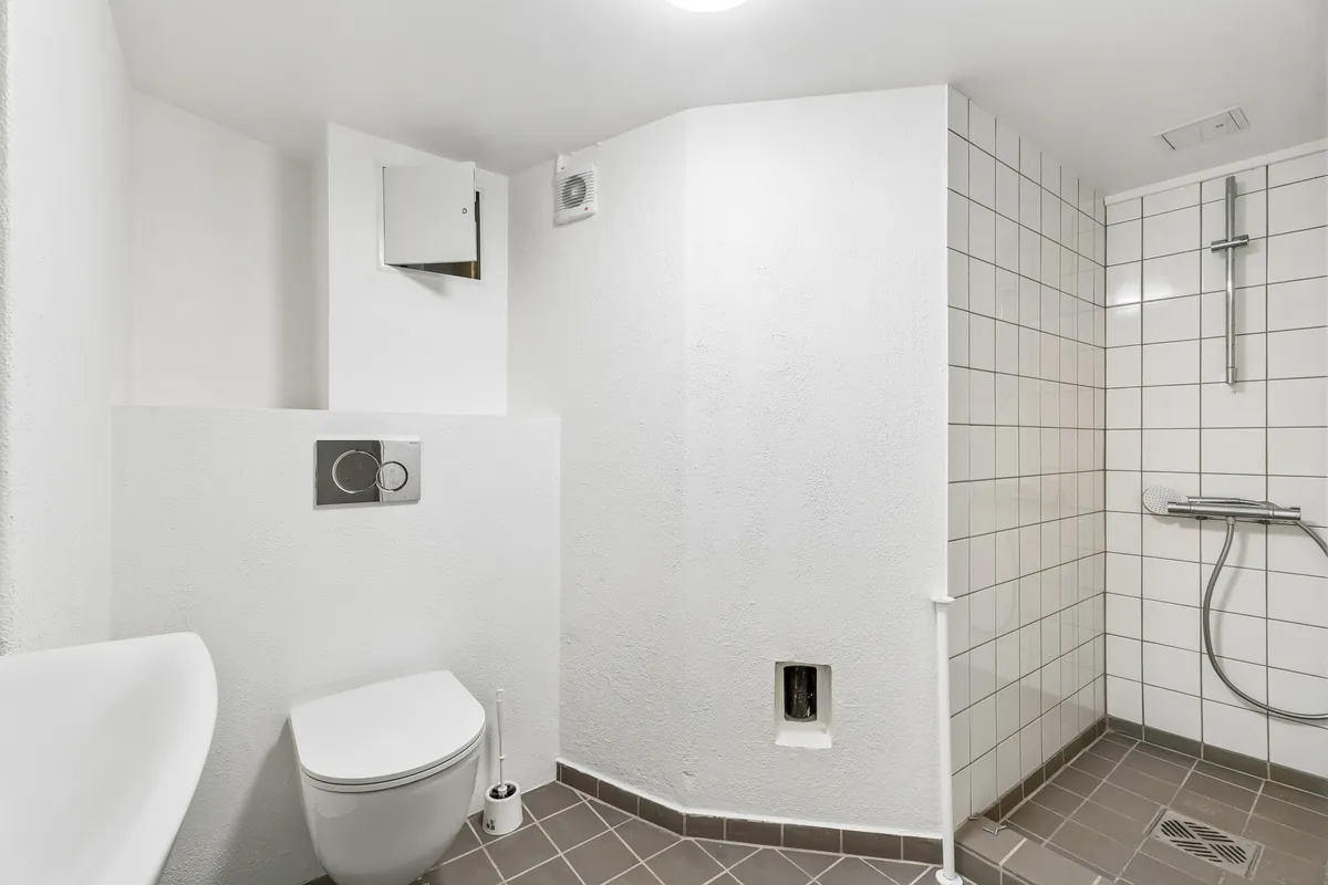 En lille, ren og moderne badeværelse med hvidt toilet, hvidt badekar og badeværelseskabinet med toiletpapirholder. Der er en hvid brusekabine og en hvid brusearmatur med slange og hånddusk.