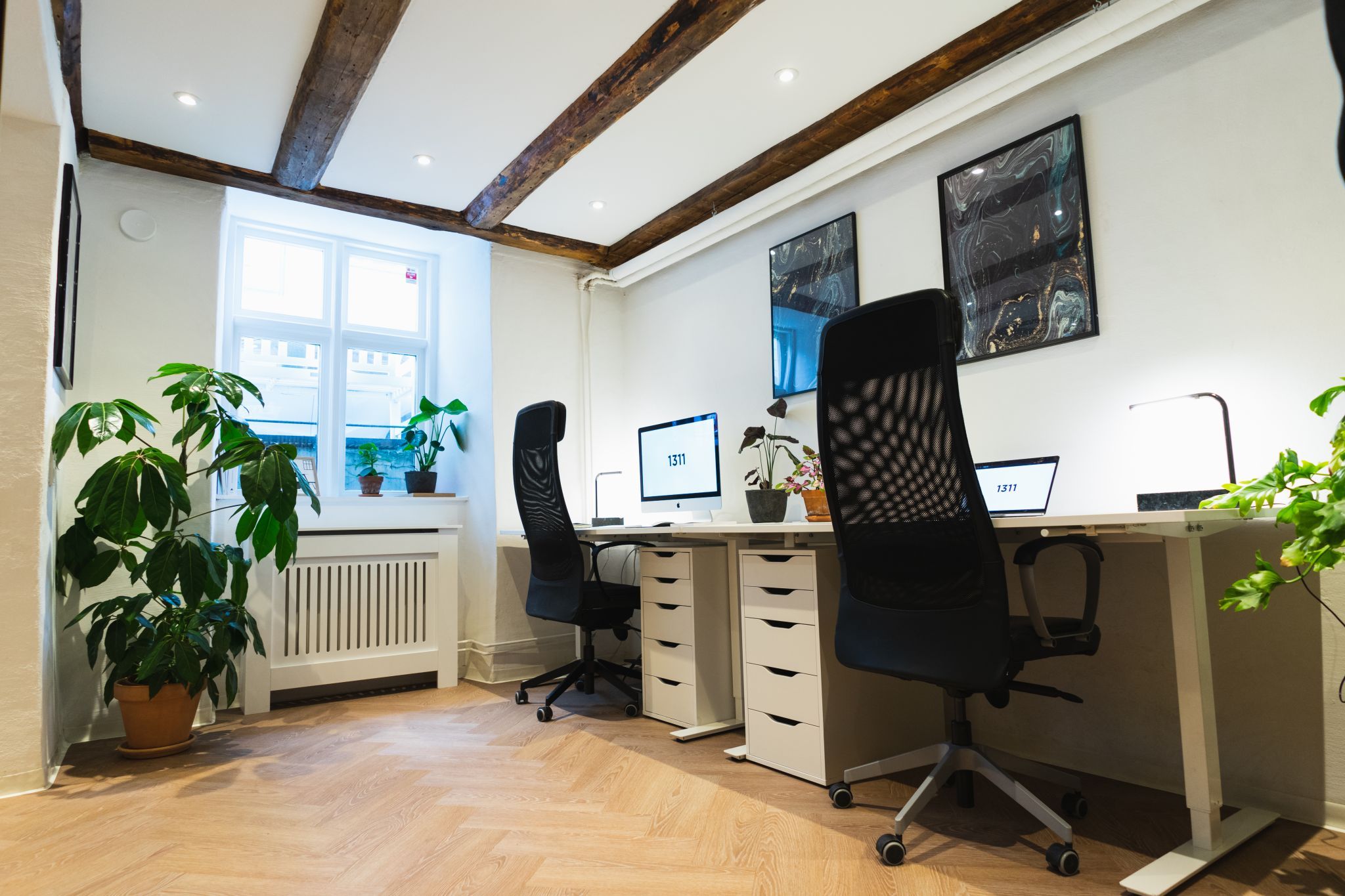 To moderne kontorstuer med højt loft, hver med en skrivebord og to stol. Der er to plantepotter og to monitorer. To kunstværker er hængt på væggen.