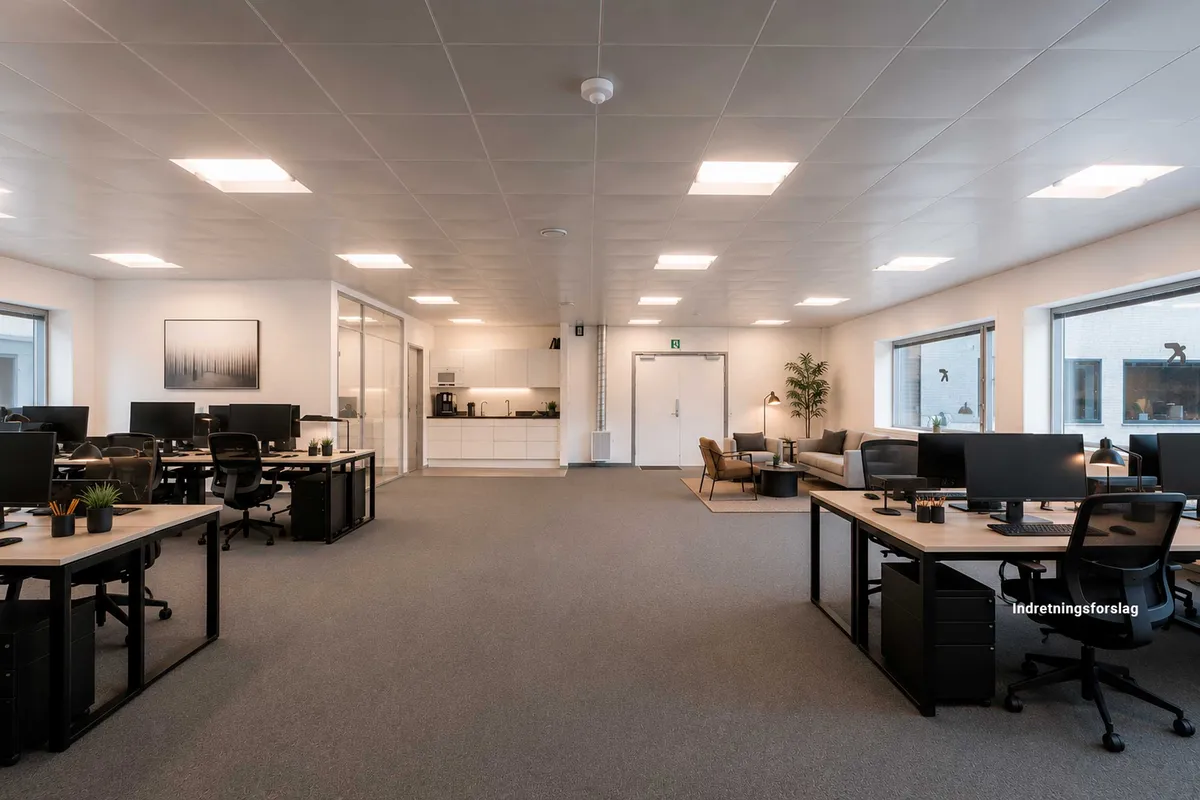 Moderne kontor med lyse lofter, tavler og indrettede arbejdspladser med computere og skriveborde. Lyst og åbent rum med smukke møbler og udsigt til udendørsarealer.