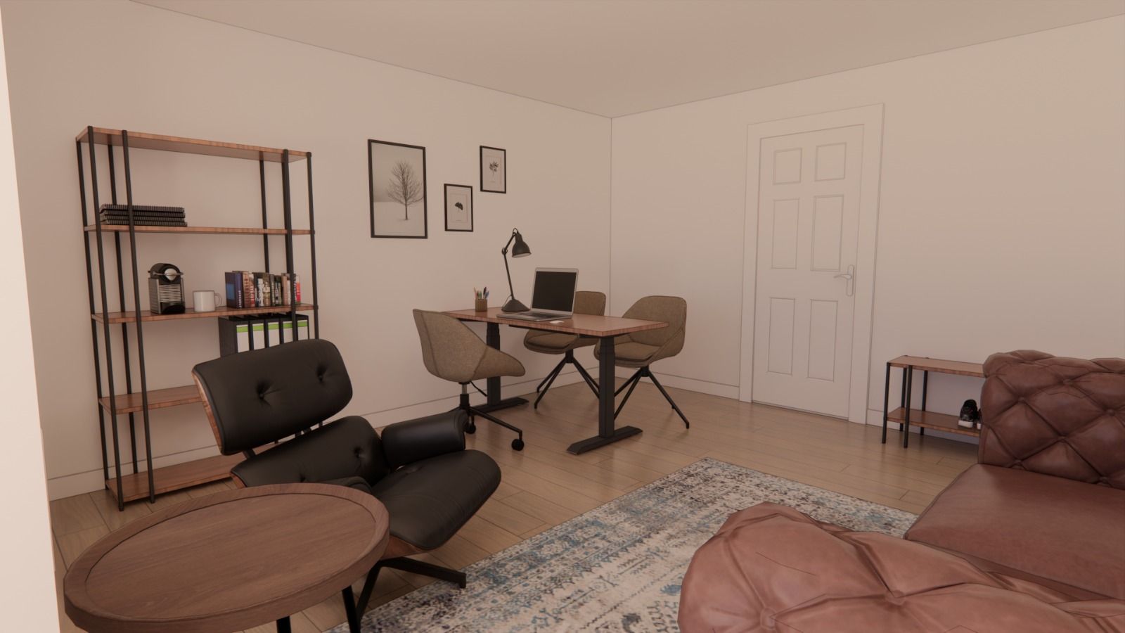 Kontor med sofa, bord og stol med en lampe, et bibliotek med bøger og en kop, og tre billeder på væggen