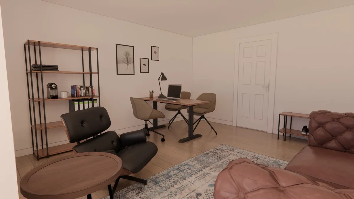 Kontor med sofa, bord og stol med en lampe, et bibliotek med bøger og en kop, og tre billeder på væggen