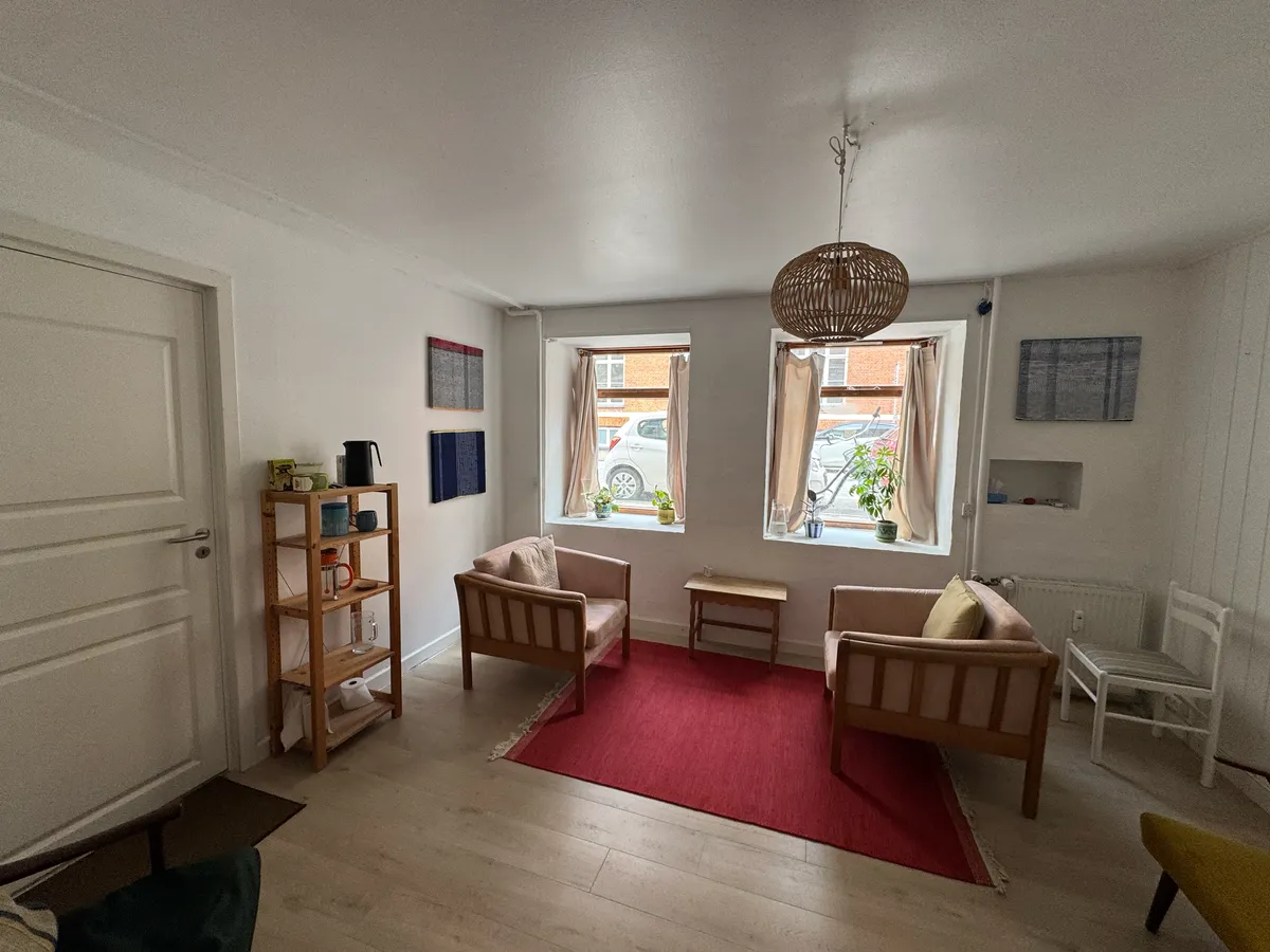 Kontor med højloft og lyse gulve, to lyse chaiselonger med puder, rødt tæppe og et bord med plante. Væggen er hvid med kunstværker og to vinduer med plante.