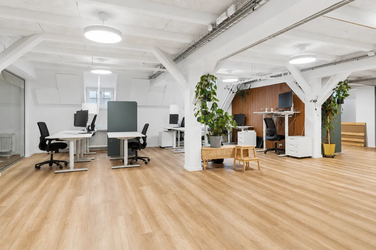 Lyse kontorlokaler med lysegule gulve, hvide vægge og loft, møbler og computere, store vinduer og plantepoter og hvide loftsbjælker