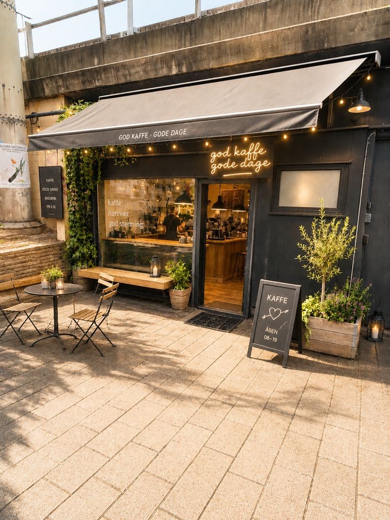 Hyggelig kaffebar med grønne planter og udendørs spisning. Værelse med lyse vinduer og smukke møbler og udsigt til Jernbanepladsen i Kongens Lyngby